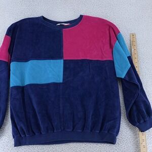 Vintage Shadowline Velour‎ Colorblock Sweater Womens XL Blue Pink Pullover 80s
